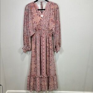 Bohme Pink Ruffled Tiered Long Sleeve Sundress bohemian paisley‎